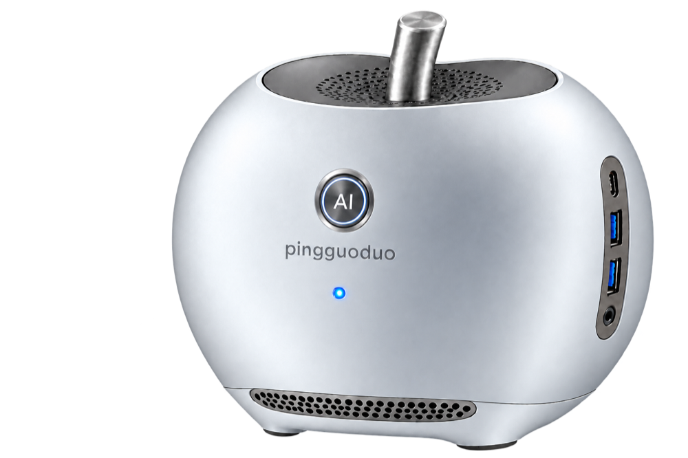 带有 Pingguoduo 字样和 AI 按钮的原创金属迷你电脑概念产品 / Original metallic mini AI computer concept with the Pingguoduo wordmark and an AI button